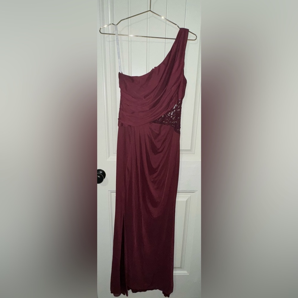 David’s Bridal One Shoulder with Lace Inset - Wine Colored